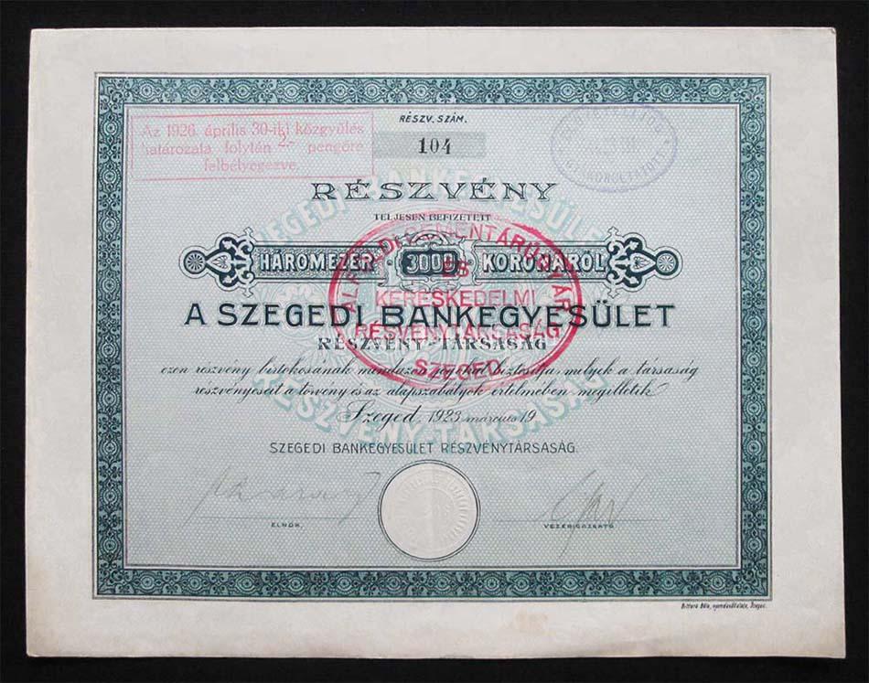 Szegedi Bankegyesület részvény 3000 korona 1923